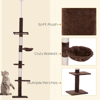 PawHut 5-Tier Floor to Ceiling Cat Tree, Tall Kitty Tower Climbing Activity Center Scratching Post Adjustable Height 230-260cm, Brown