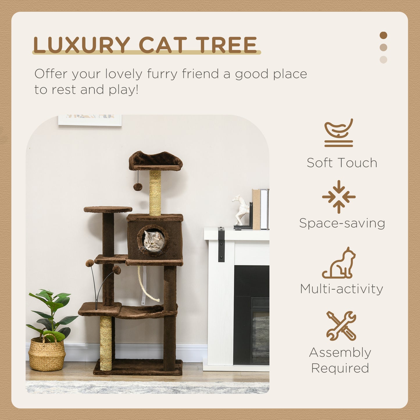 PawHut 136cm Cat Tree for Indoor Cats, Modern Cat Tower with Scratching Posts, house, Platforms, Toy Ball - Brown