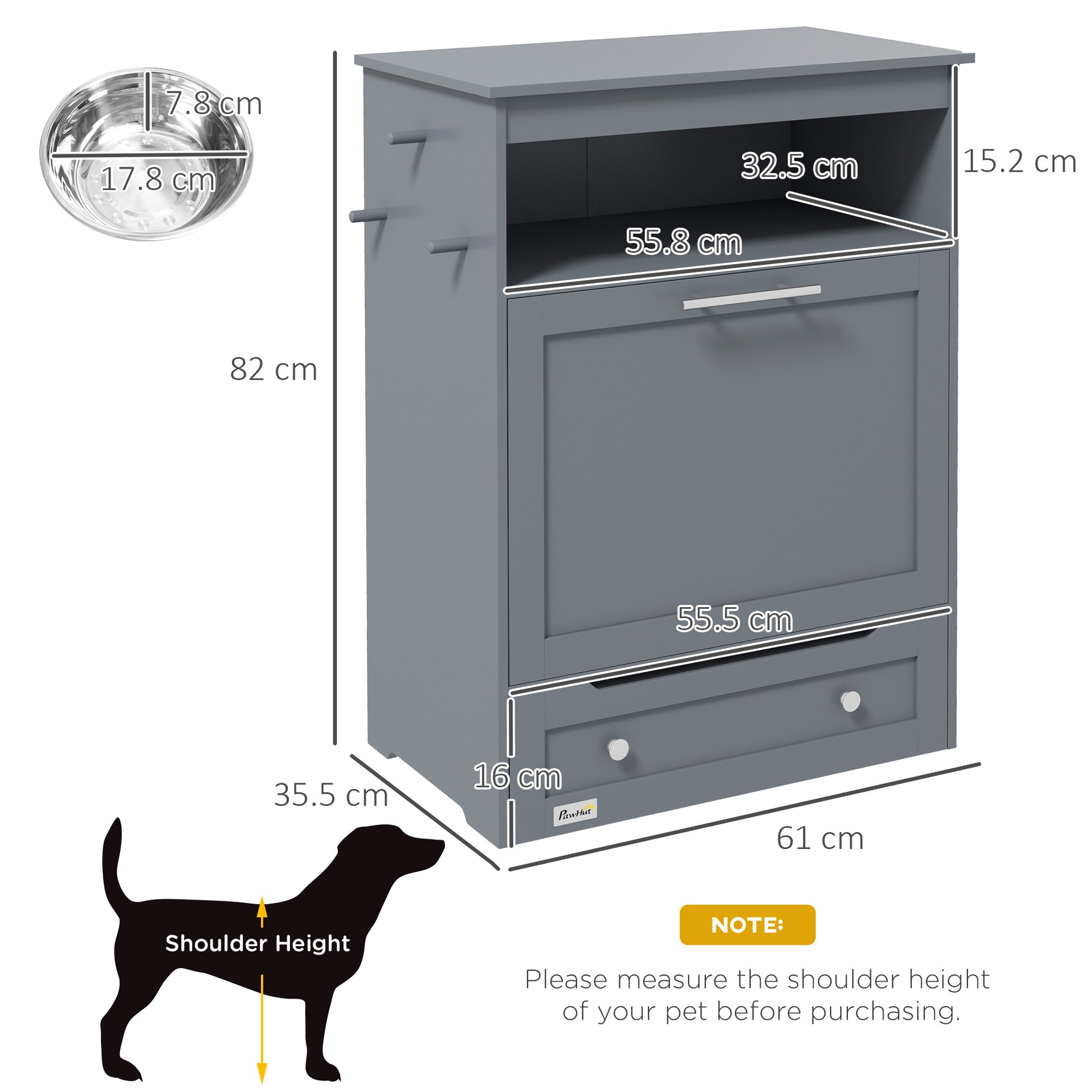 PawHut Pet Feeder Station, Dog Food Storage Container with Dog Raised Bowls and Hanger for Feeding and Watering Supplies, Grey