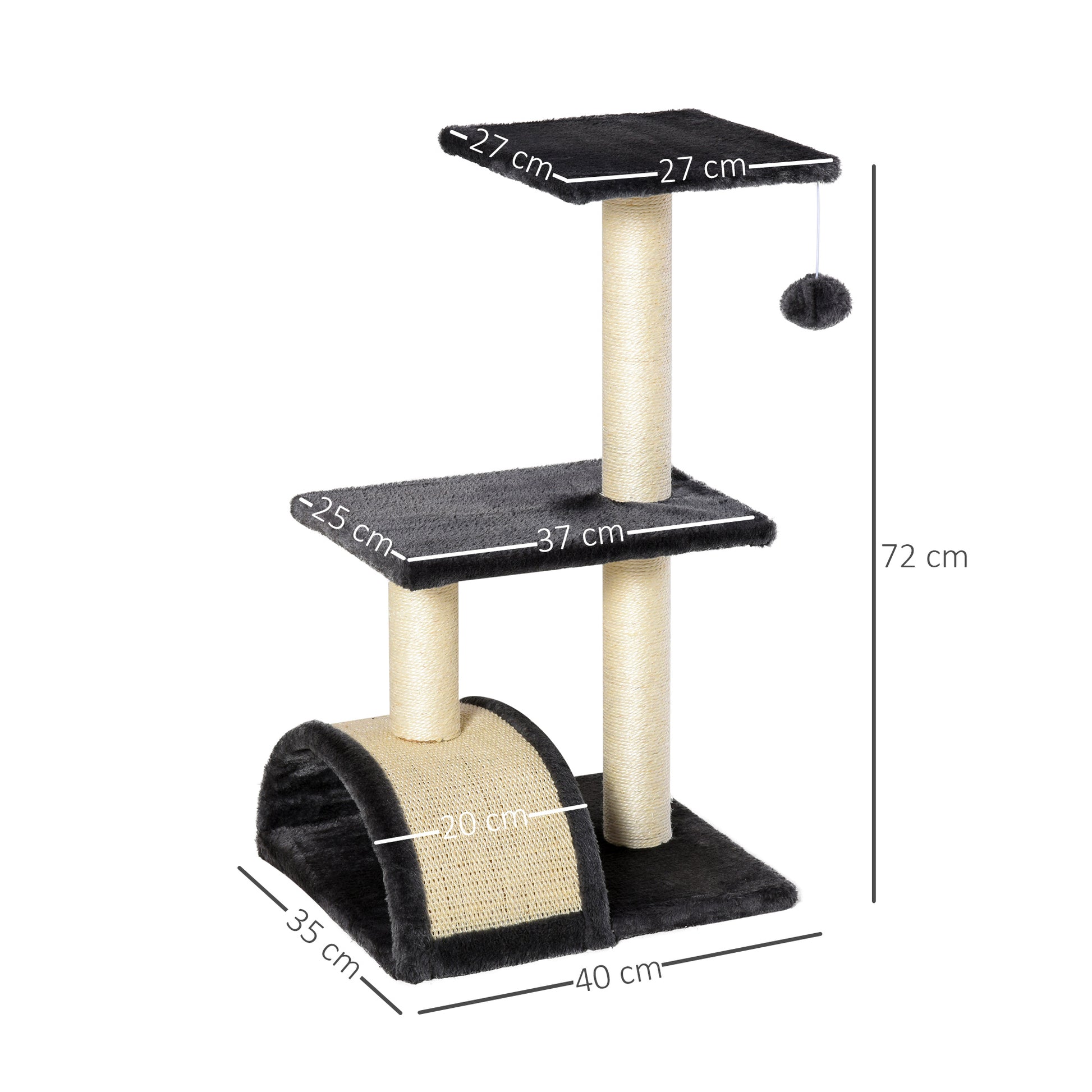 PawHut Cat tree Tower 72cm Climbing Activity Centre Kitten with Sisal Scratching Post Pad Arc Perch Hanging Ball Toy Grey