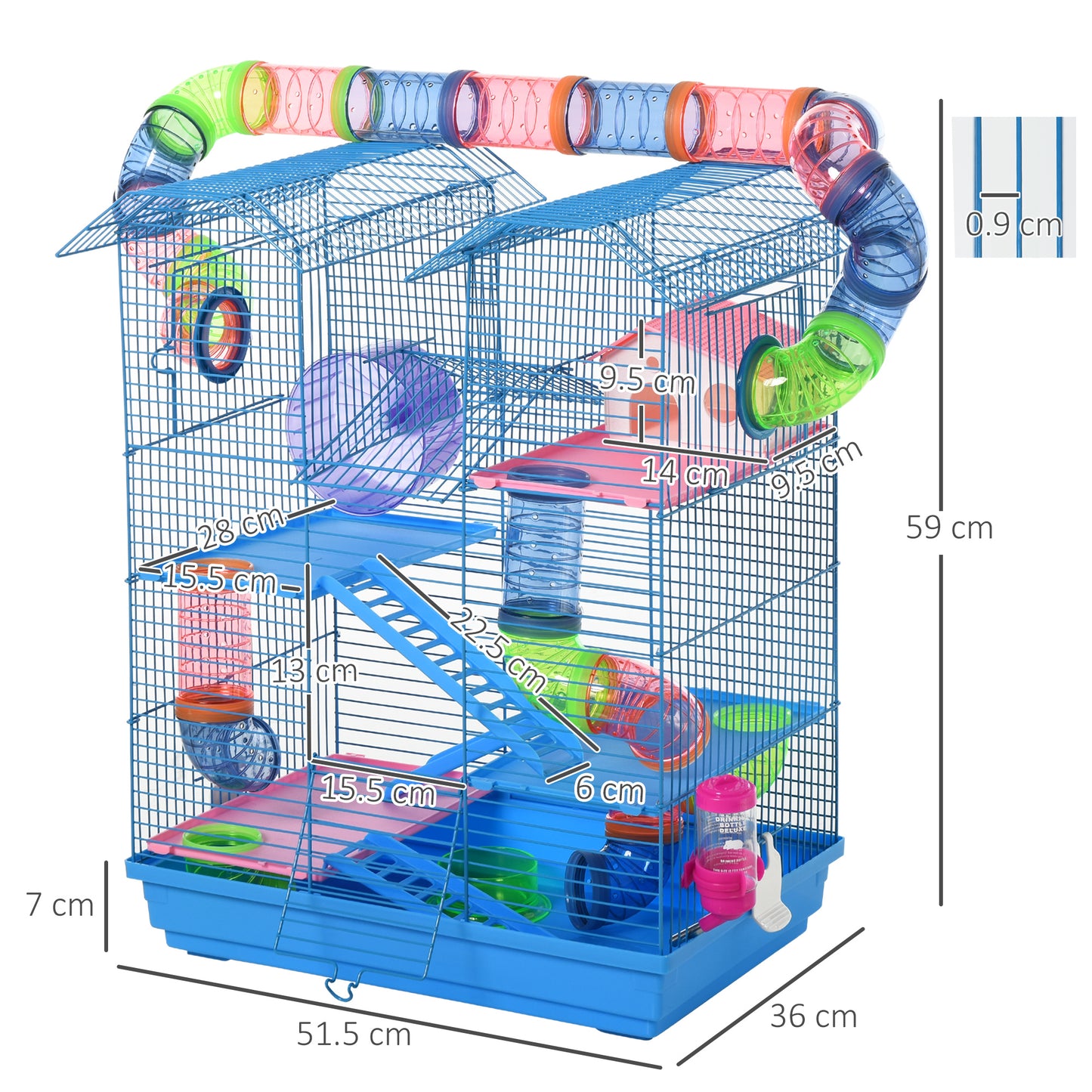 PawHut 5 Tier Hamster Cage Carrier Habitat with Exercise Wheels Tunnel Tube Water Bottle Dishes House Ladder for Dwarf Mice, Blue