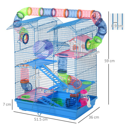 PawHut 5 Tier Hamster Cage Carrier Habitat with Exercise Wheels Tunnel Tube Water Bottle Dishes House Ladder for Dwarf Mice, Blue