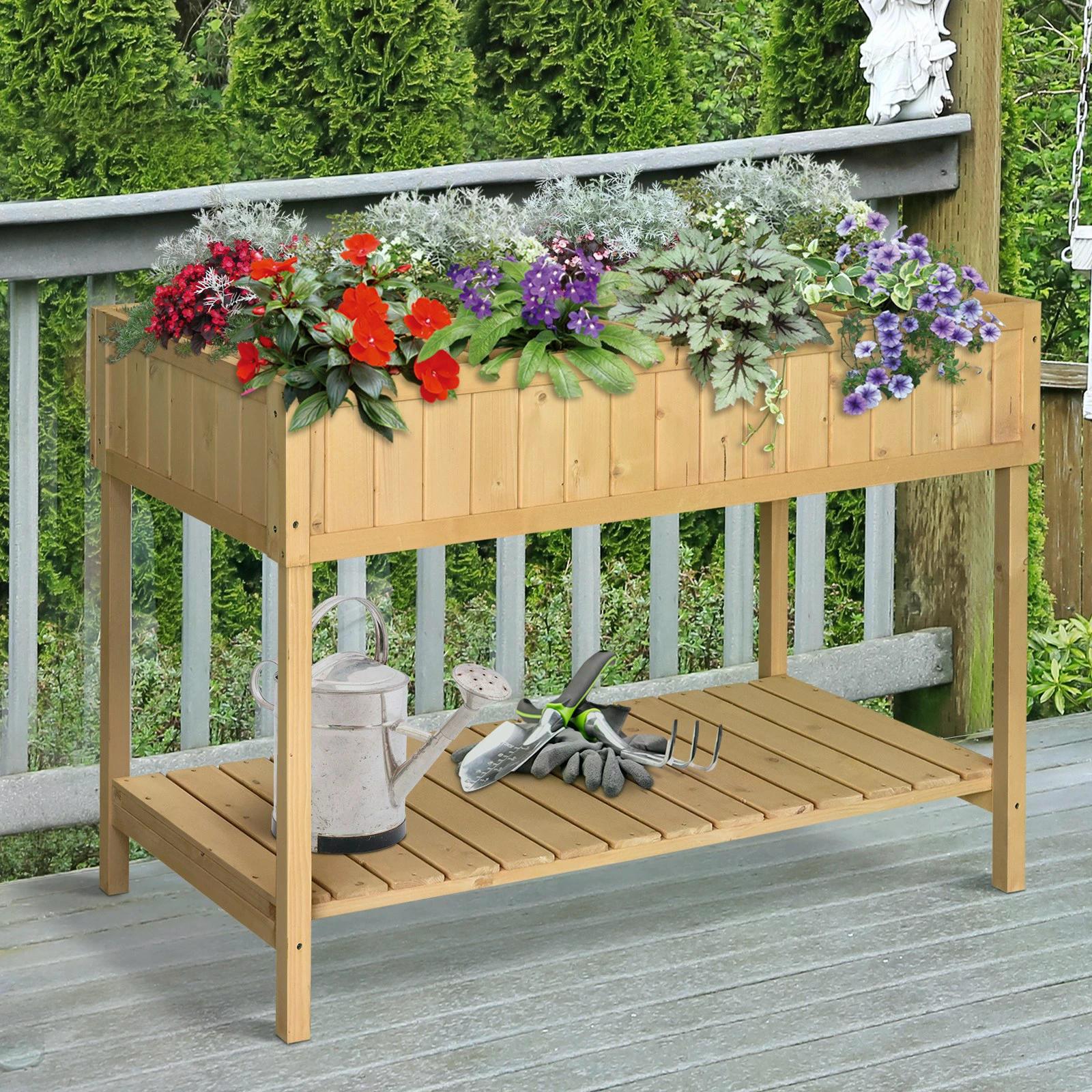 outsunny-garden-wooden-planters-flower-box-raised-rectangular-8-compartment-plant-stand-oak-tone