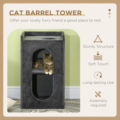 PawHut 81 cm Cat Scratching Barrel with 2 Cat Condos, Cat Play Tower with Scratching Pad, Cat Scratching Tree for Indoor Cats, Grey