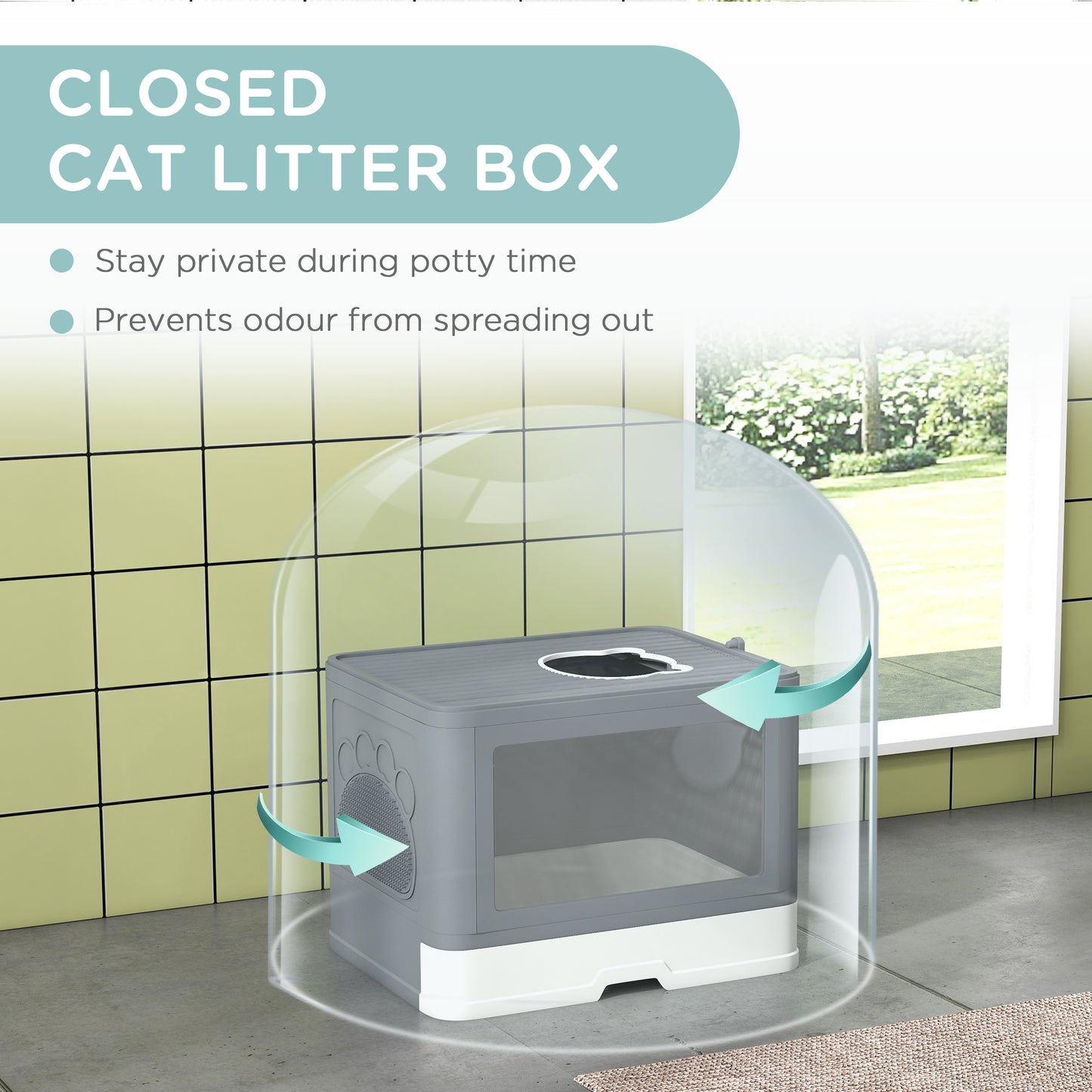 PawHut Cat Litter Box Enclosed with Lid Front Entry Top Exit, Drawer Tray, Scoop, Brush, 48.5 x 38 x 36.5cm - Grey