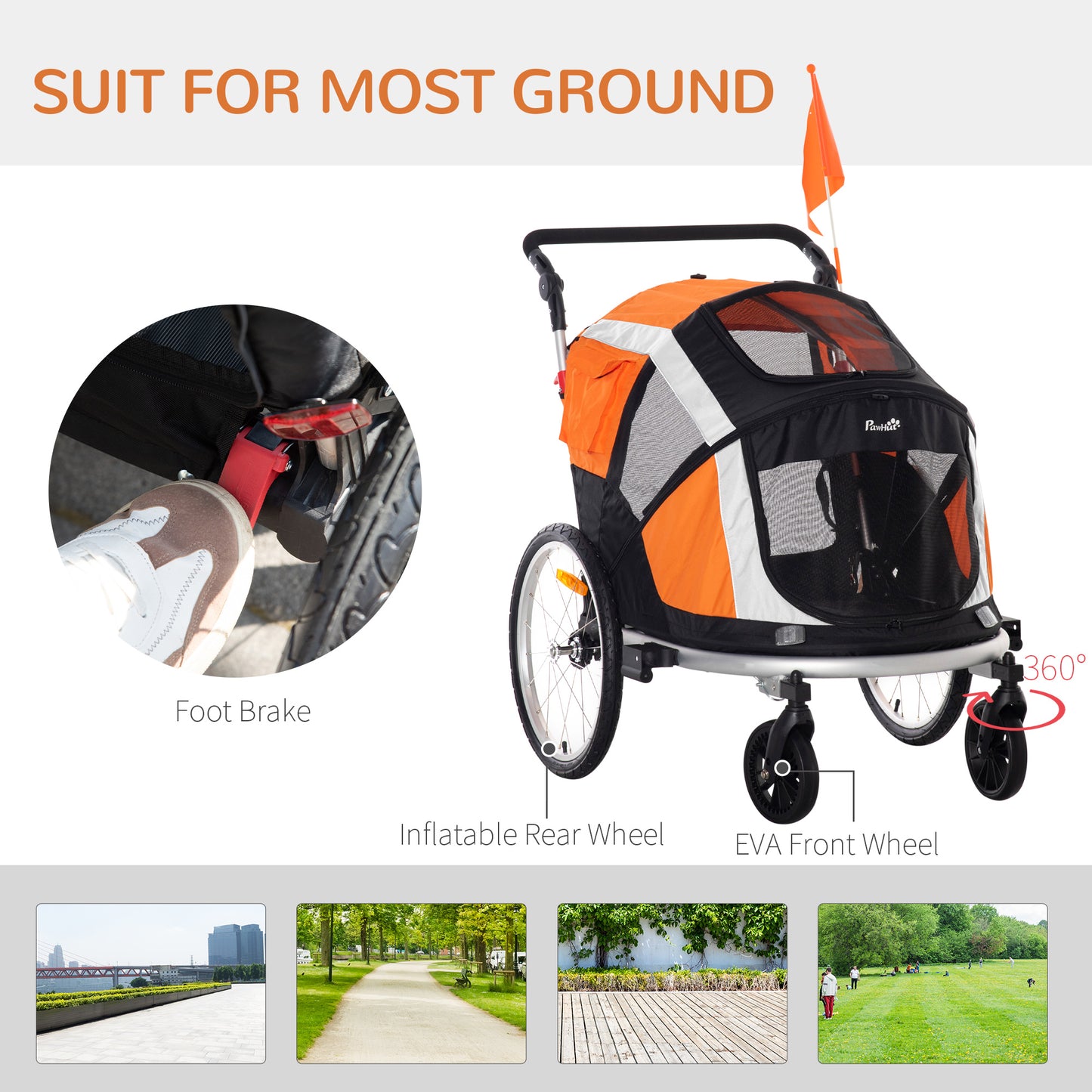 PawHut Dog Bike Trailer 2-in-1 Pet Stroller for Large Dogs Cart Foldable Bicycle Carrier Aluminium Frame with Safety Leash Hitch Coupler Flag Orange