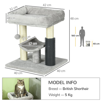 PawHut 48cm Cat Tree, Cat Tower with Cat Self Groomer Cat Scratching Post with Hanging Ball, Self Groomer and Perches, Grey