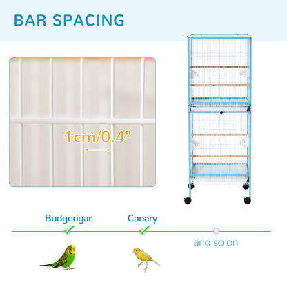 PawHut 2 In 1 Large Bird Cage Aviary for Finch Canaries, Budgies with Wheels, Slide-out Trays, Wood Perch, Food Containers, Light Blue