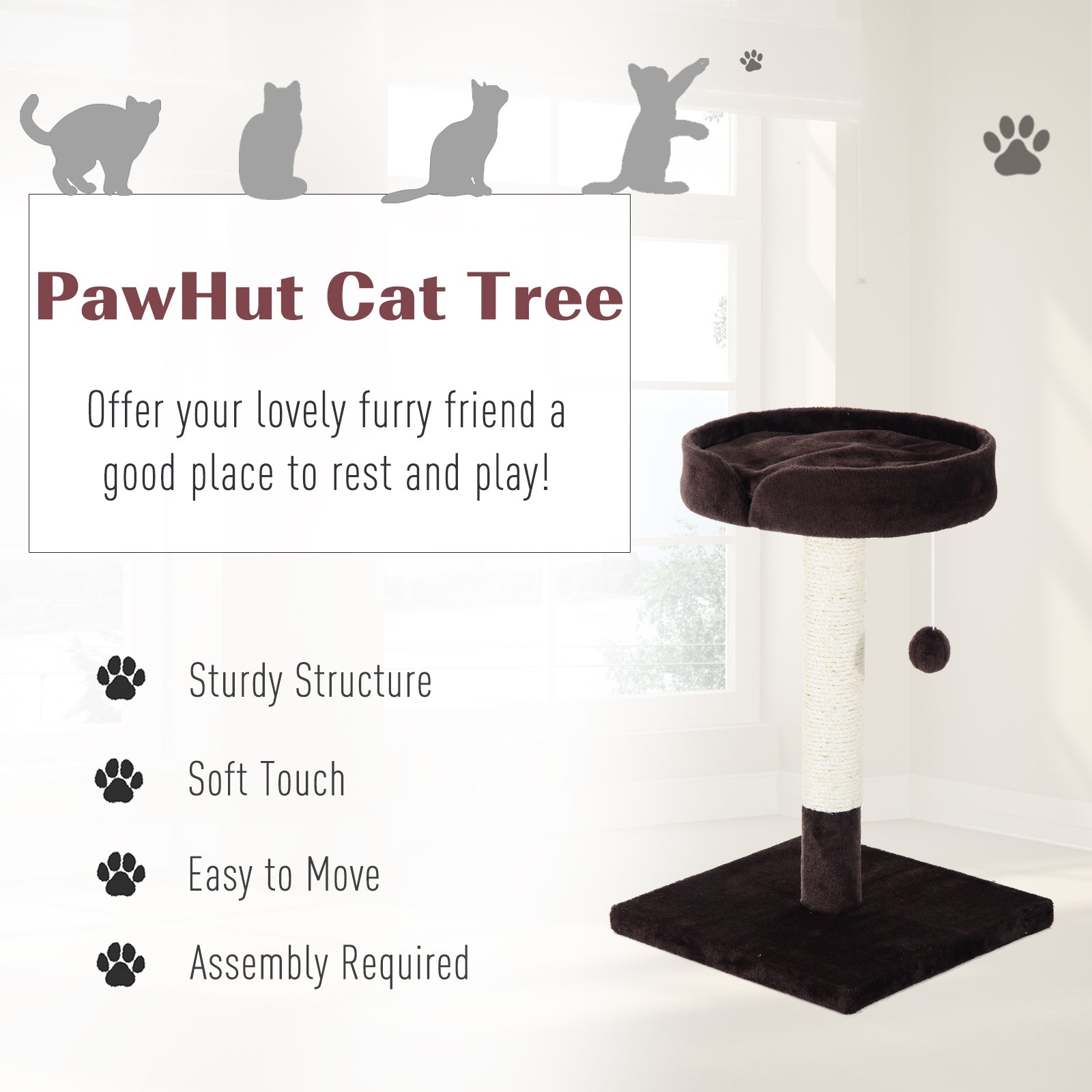 PawHut Cat Tree Scratching Post Furniture Pet Play Area Activity Center Kitten Climbers Climbing Exercise w/ Hanging Toy & Cushion-Brown