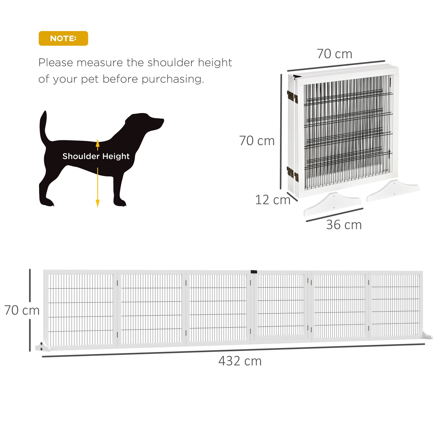 PawHut Pet Gate Wooden Dog Safety Barrier, Freestanding Foldable Fence, w/ 6 Panels, 2 Support Feet, House Doorway Stairs, Small & Medium Dogs, White