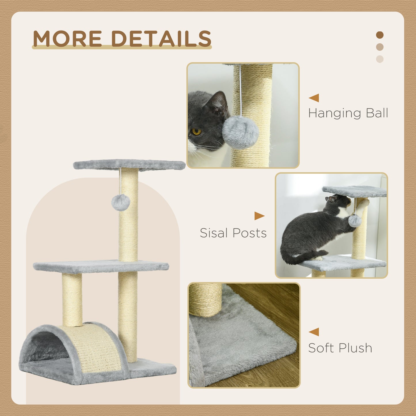 PawHut 72cm Cat Tree Tower for Indoor Cats, Multi-level Climbing Activity Centre with Sisal Scratching Post, Pad, Hanging Ball, Toy, Light Grey