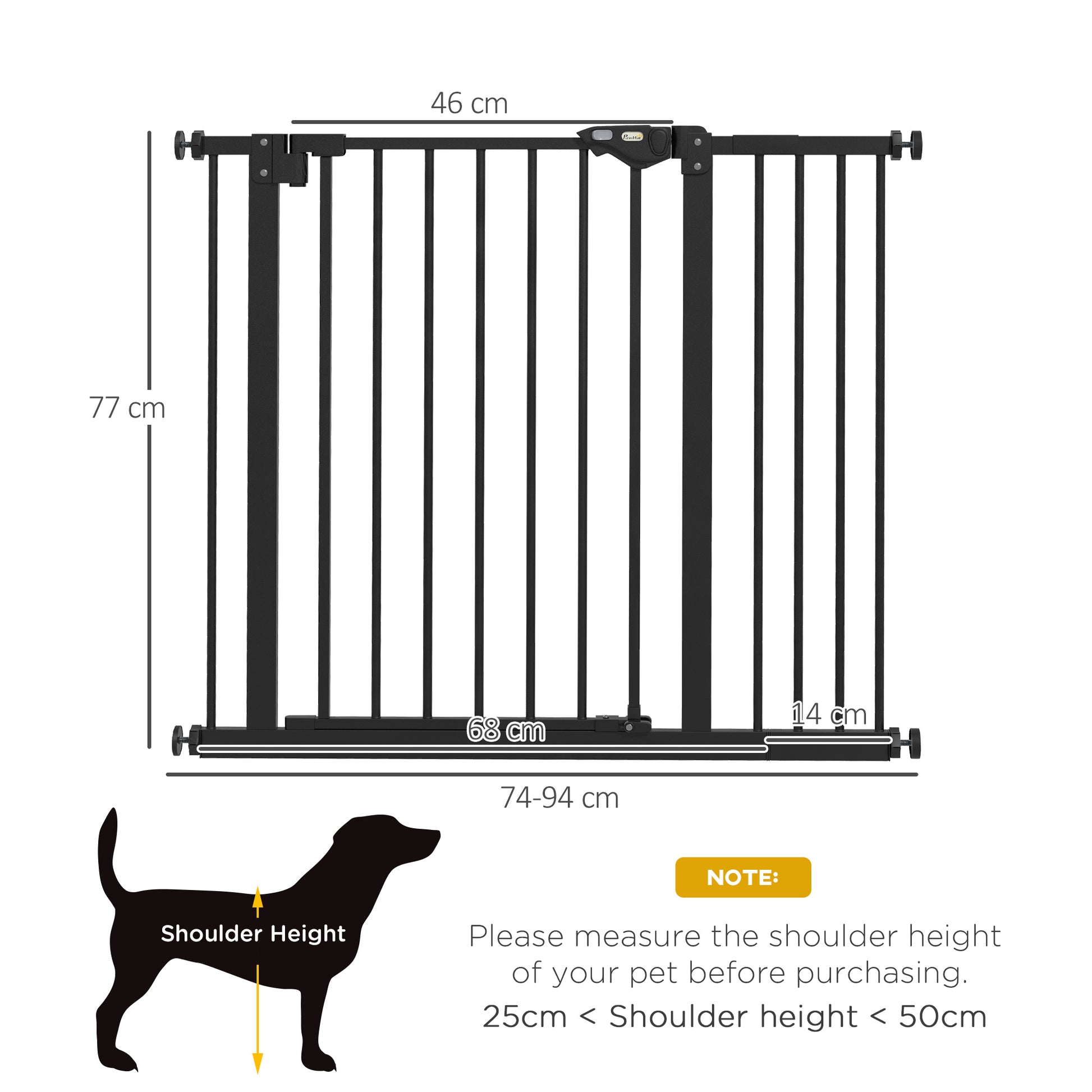 PawHut Metal 74-94cm Wide Adjustable Dog Gate Black