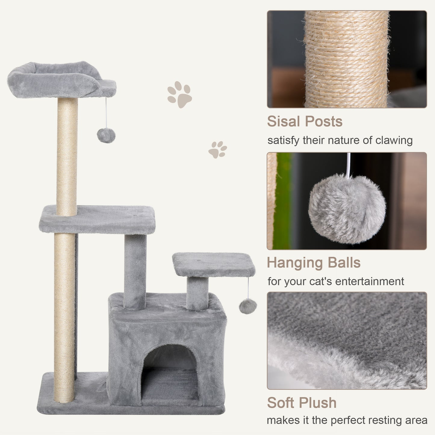 PawHut Cat tree Tower 114cm Climbing Activity Centre Kitten with Sisal Scratching Post Perch Hanging Ball Condo Toy Light Grey