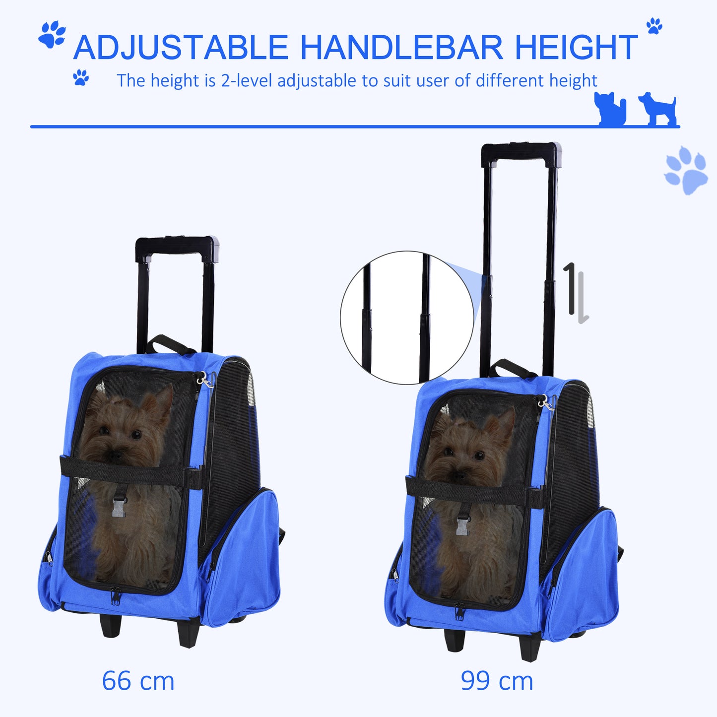 PawHut Pet Carrier Travel Backpack Bag Cat Carrier Puppy Dog Bag w/ Trolley, Telescopic Handle Portable Stroller Wheel, 42 x 25 x 55 cm, Blue