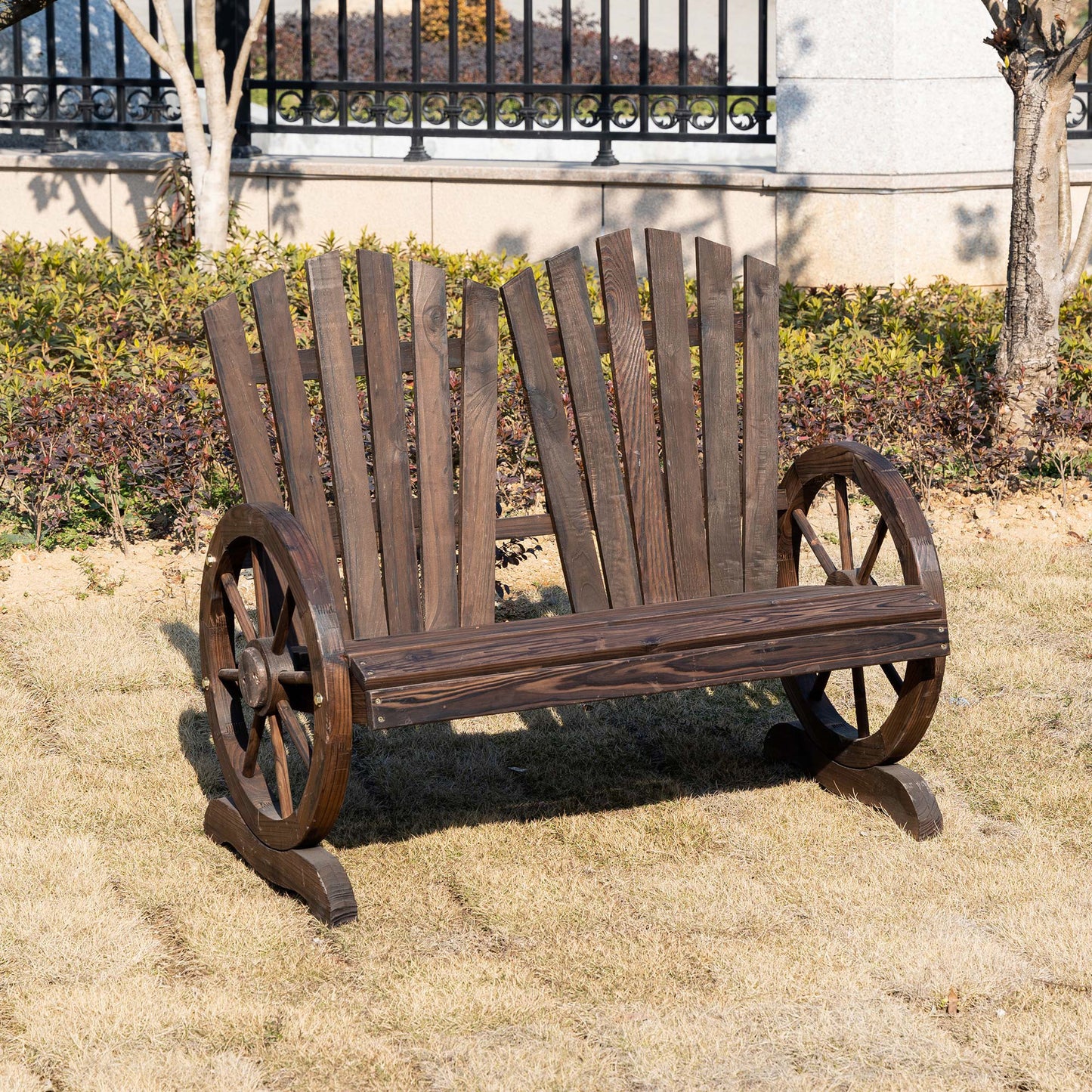 outsunny-2-seater-garden-bench-comfortable-fir-logs-love-chair-with-wheel-shaped-armrests-outdoor-adirondack-wooden-loveseats-carbonized-colour