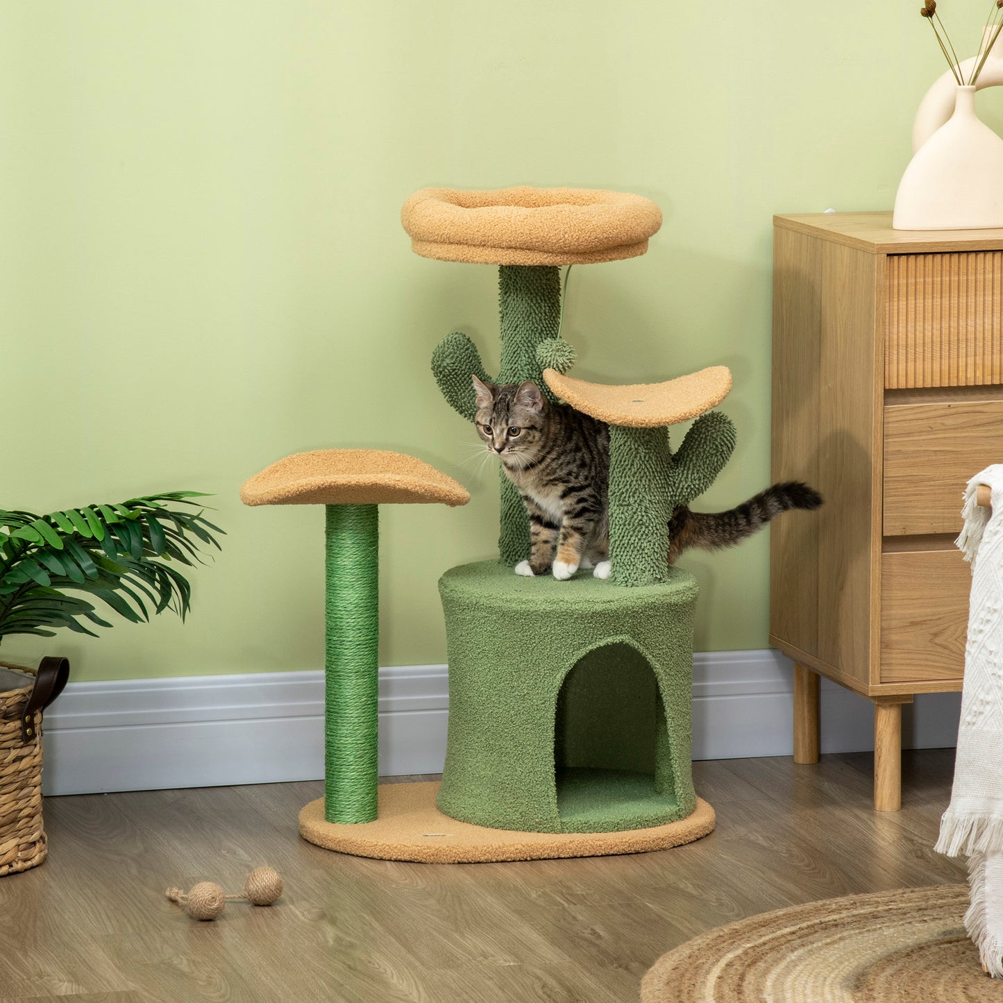 PawHut Cactus Cat Tree, 83cm Cat Climbing Tower, kitten Activity Centre with Teddy Fleece House, Bed, Sisal Scratching Post and Hanging Ball, Green