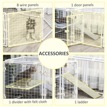 PawHut DIY Rabbit Hutch, 9PCs Guinea Pig Hutch, Large Bunny Cage with Door, Ladder, Divider for Small Animals