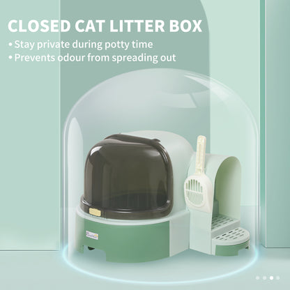 PawHut PP Cat Litter Box with Drawer Pans Scoop Openable Cover Green