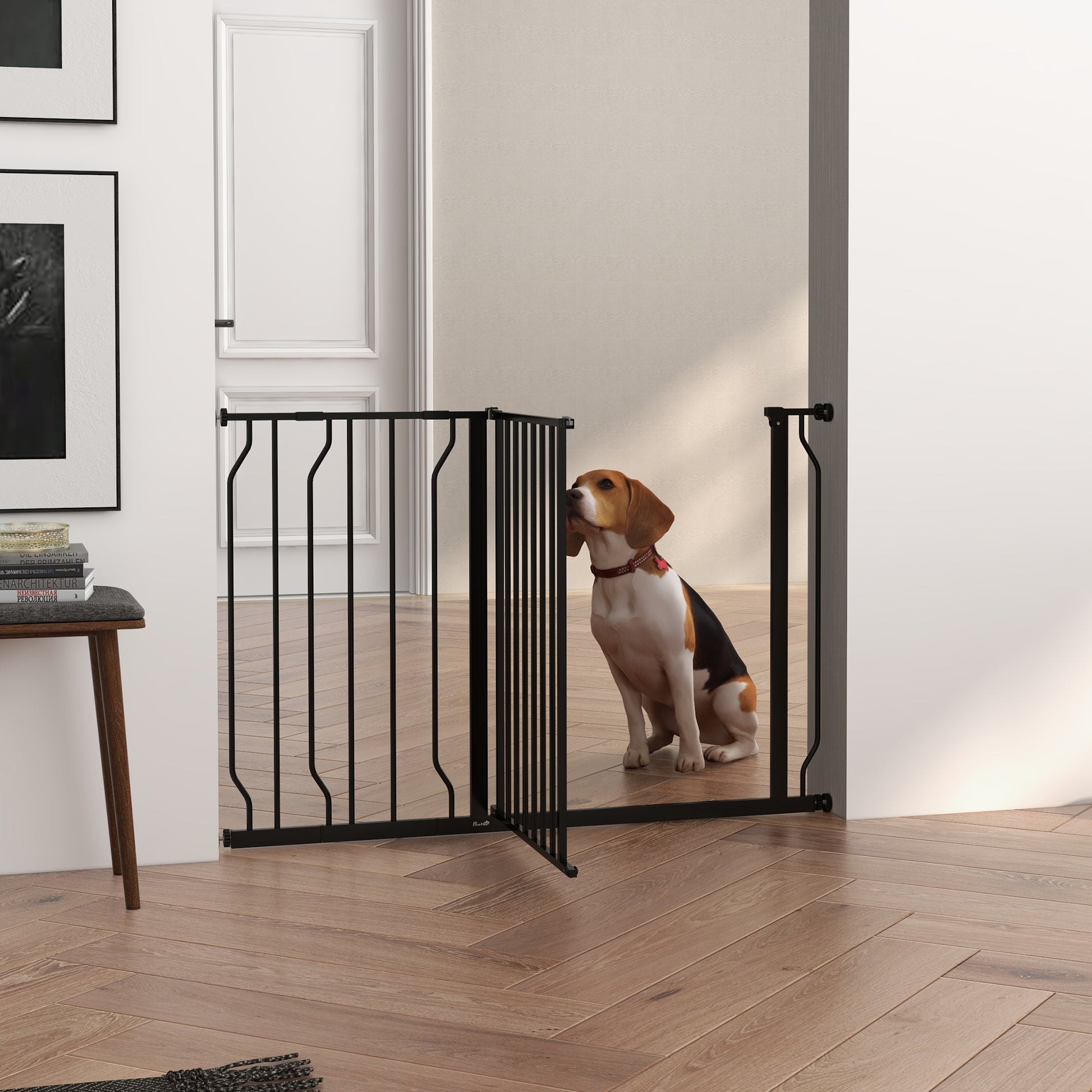 PawHut Expandable Dog Gate with Door pressure,75-115cm Doorway Pet Barrier Fence for Hallways, Staircases, Black