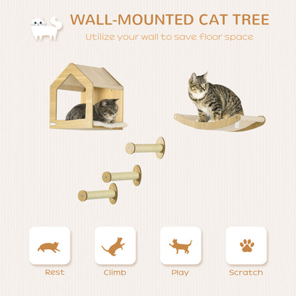 PawHut 5PCs Wall Mounted Cats Shelves, Cat Climbing Shelf Set, Kitten Activity Center with Condo Hammock Scratching Post, Oak