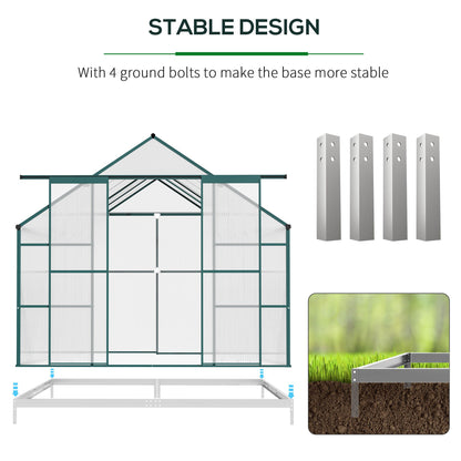 outsunny-aluminium-greenhouse-polycarbonate-walk-in-garden-greenhouse-kit-with-adjustable-roof-vent-rain-gutter-and-foundation-8-x-12ft-clear