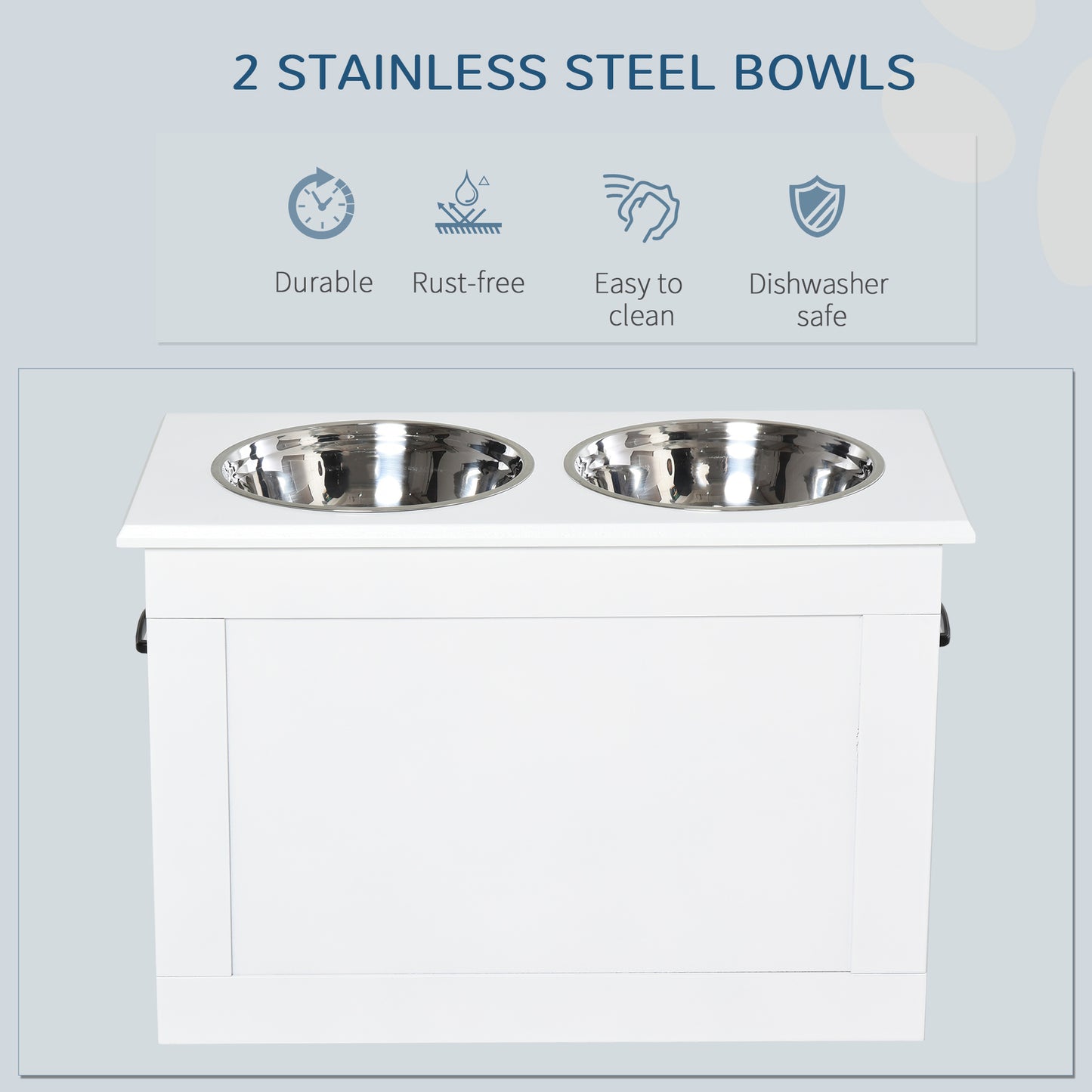 PawHut Raised Pet Feeding Storage Station with 2 Stainless Steel Bowls Base for Large Dogs and Other Large Pets, White