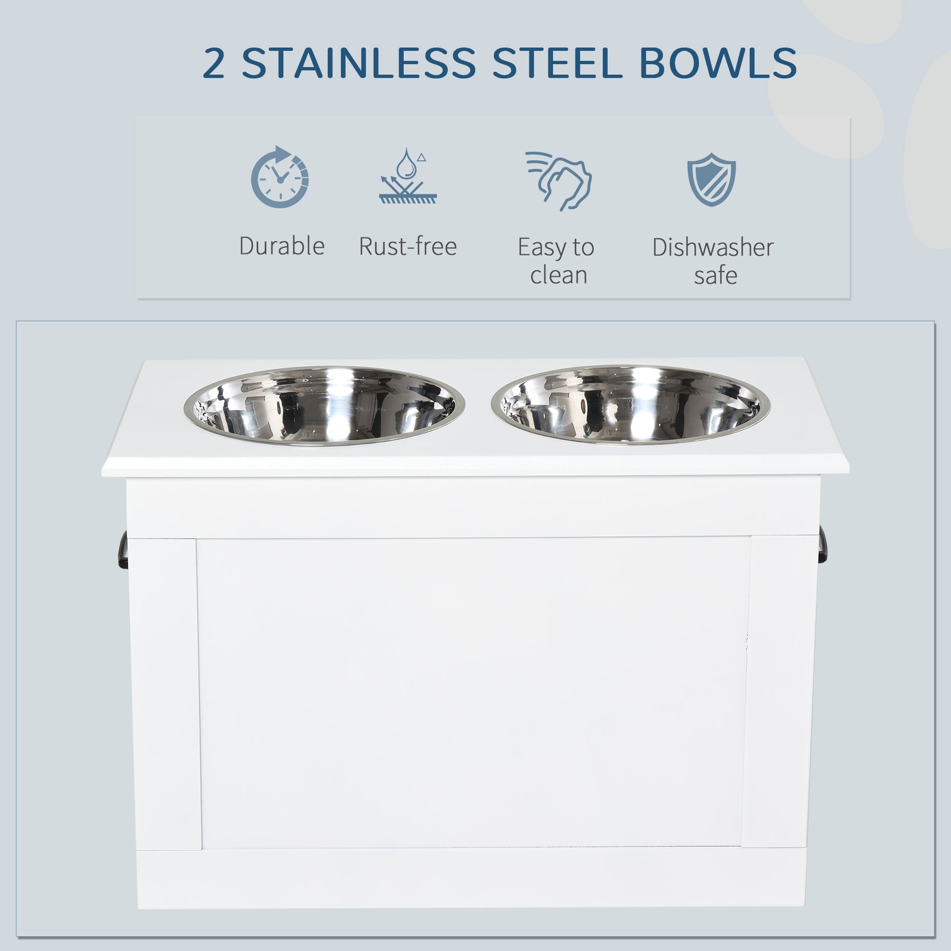 PawHut Raised Pet Feeding Storage Station with 2 Stainless Steel Bowls Base for Large Dogs and Other Large Pets, White