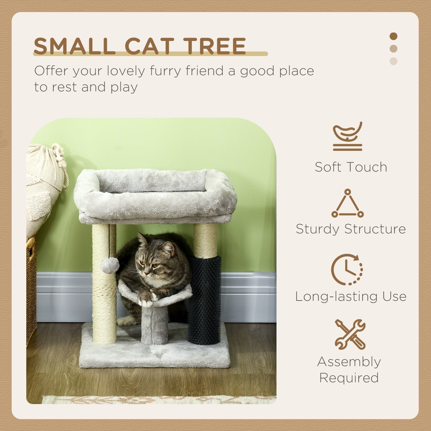 PawHut 48cm Cat Tree, Cat Tower with Cat Self Groomer Cat Scratching Post with Hanging Ball, Self Groomer and Perches, Grey