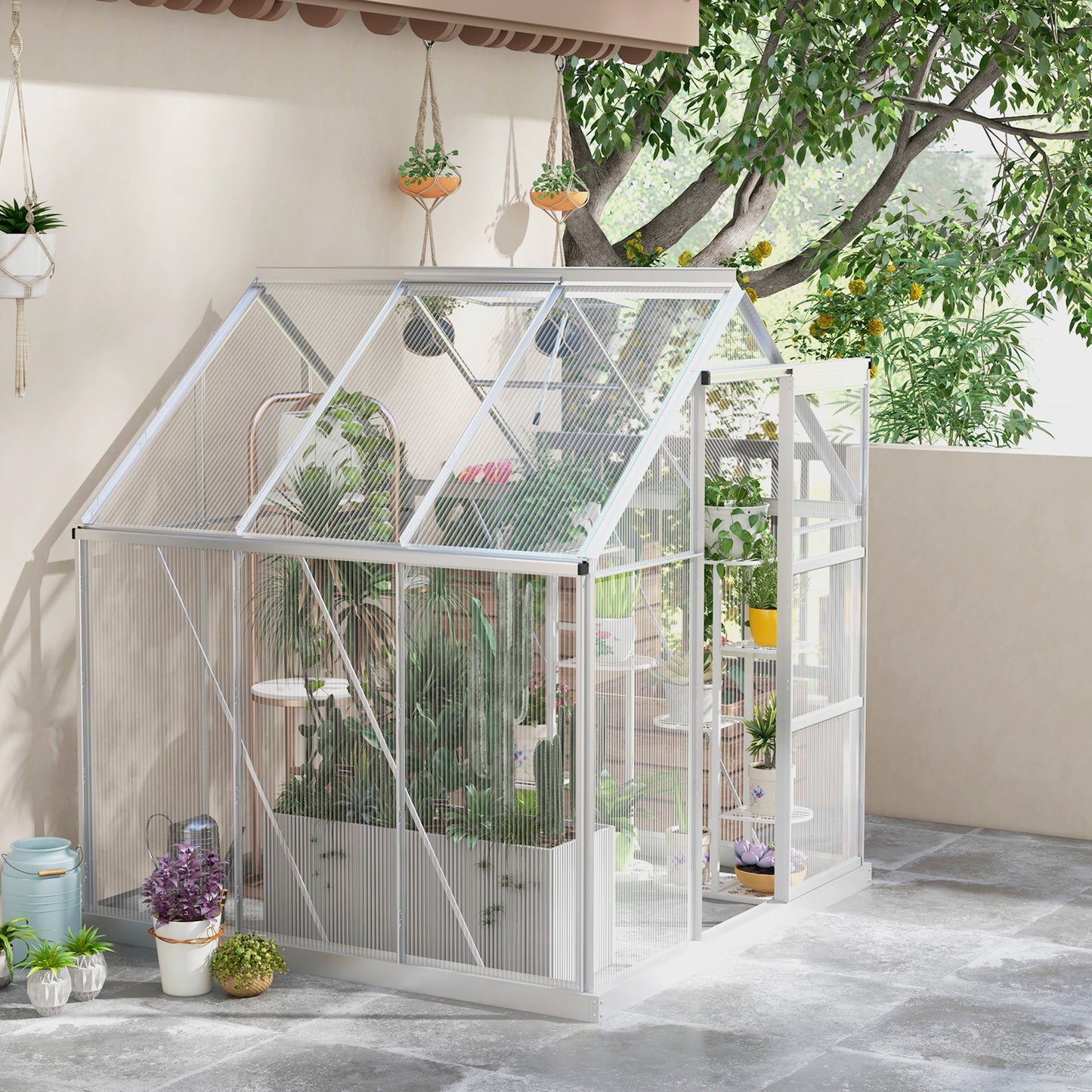 outsunny-6-x-6ft-walk-in-greenhouse-polycarbonate-greenhouse-with-sliding-door-window-aluminium-frame-foundation-silver