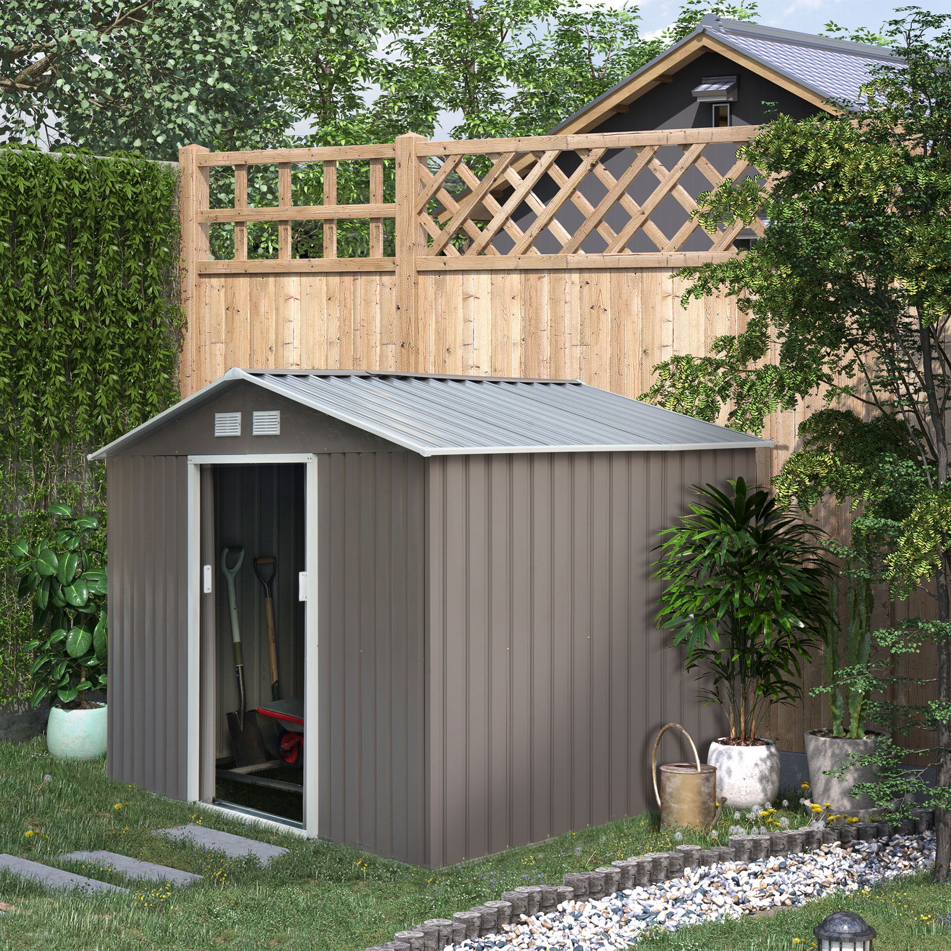 outsunny-9-x-6-ft-metal-garden-storage-shed-sloped-roof-tool-house-with-foundation-ventilation-double-door-grey