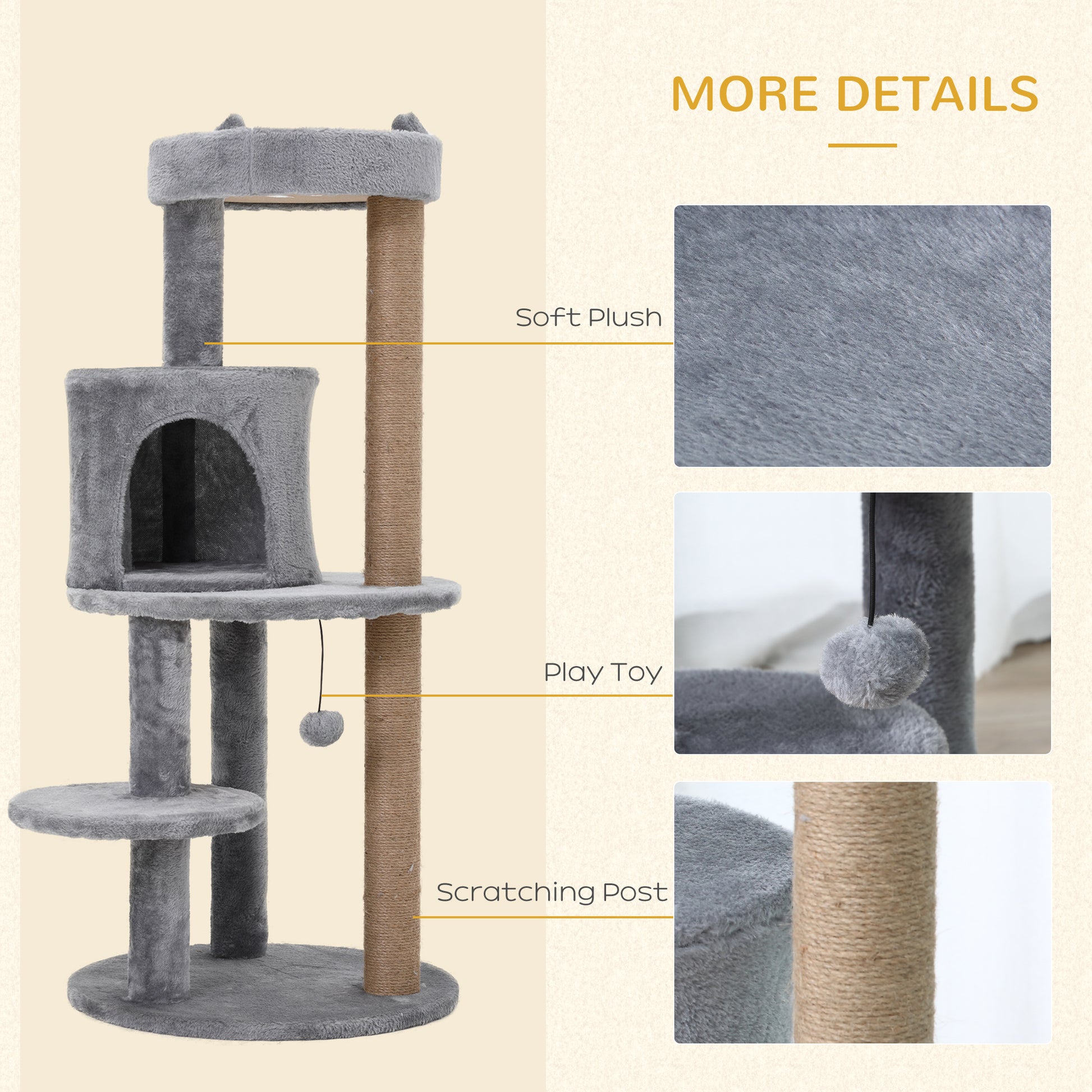 PawHut 3-Tier 104 cm Cat Tree, Cat Condo Tree Tower, Deluxe Cat Activity Tree w/ Scratching Posts Play Ball Plush Fun Toy Relax Climb, Grey