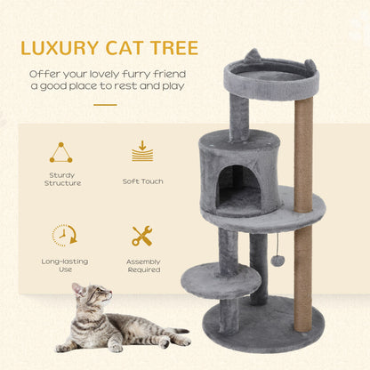 PawHut 3-Tier 104 cm Cat Tree, Cat Condo Tree Tower, Deluxe Cat Activity Tree w/ Scratching Posts Play Ball Plush Fun Toy Relax Climb, Grey