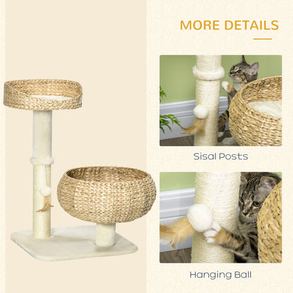 PawHut 72cm Cat Tree, Kitty Activity Center, Cat Climbing Toy, Cat Tower with 2 Cattail Beds Ball Toy Sisal Scratching Post, Beige