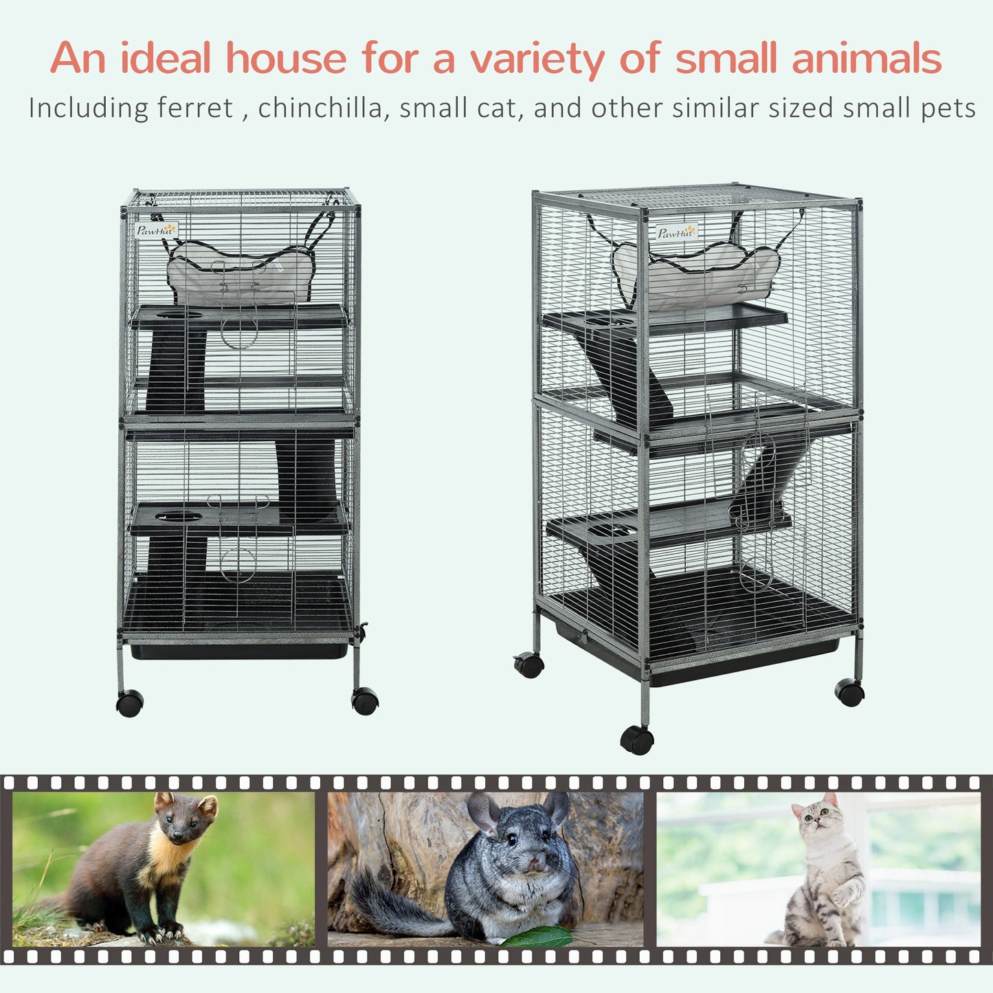 PawHut Small Animal Cage with Wheels Pet Home for Chinchillas, Ferrets, Kittens , Hammock, 4 Platforms and Removable Tray