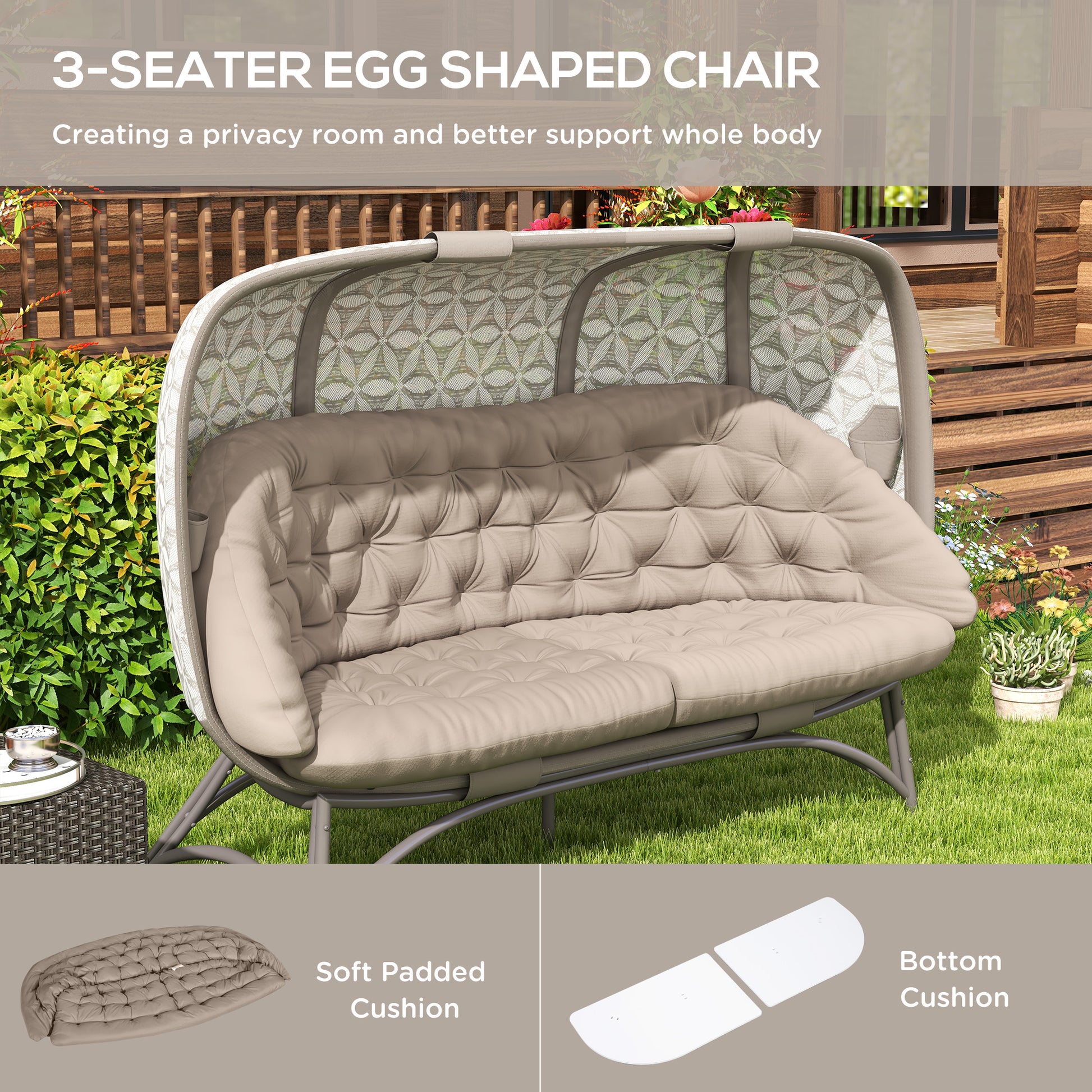 outsunny-folding-outdoor-egg-chair-hollow-design-3-seater-garden-furniture-chair-w-flower-pattern-bottle-holder-bags-for-indoor-outdoor-sand-brown