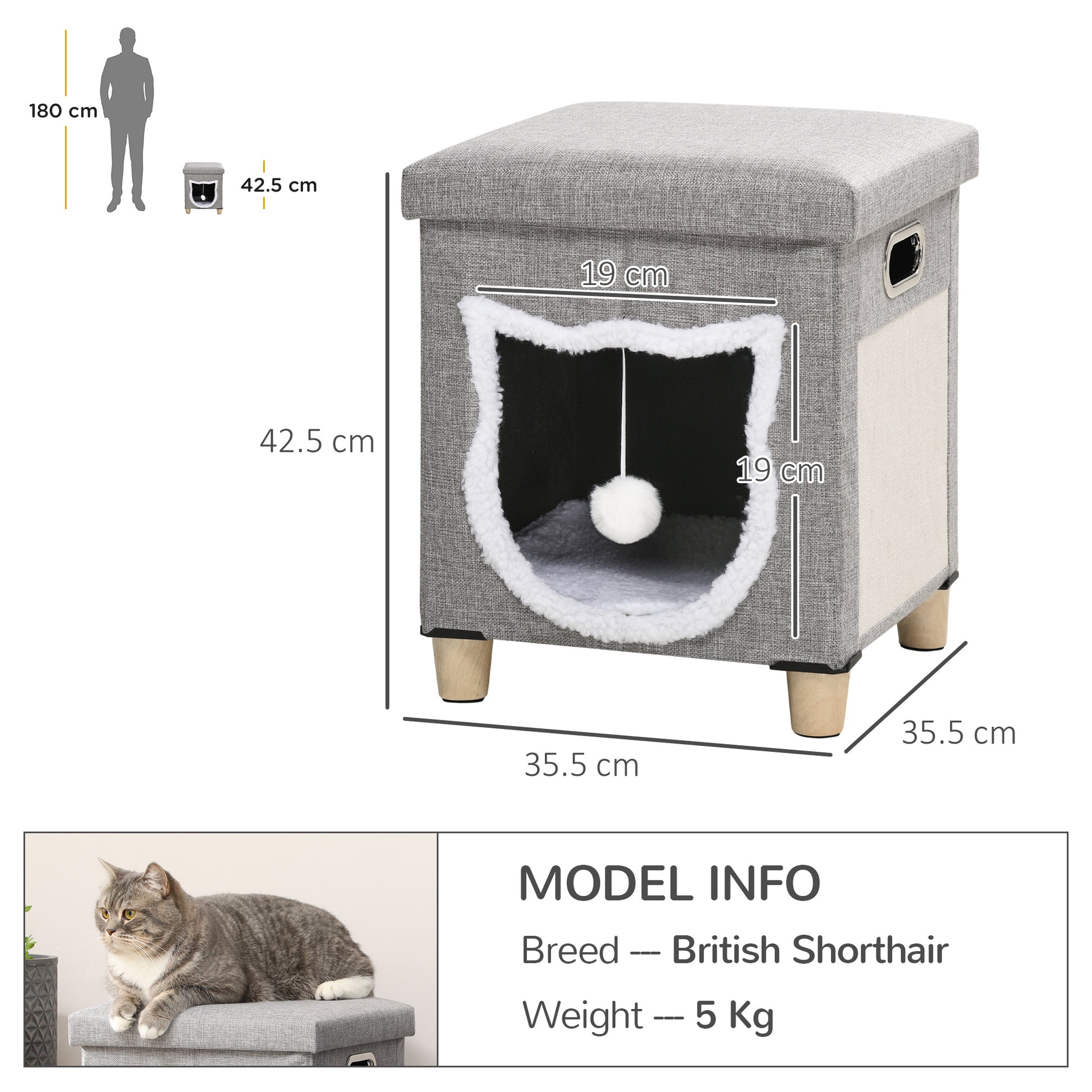 PawHut 2 in 1 Cat Bed Ottoman, Comfortable Cat Sleeping Cave House w/ Removable Cushion, Scratching Pad, Handles, Anti-Slip Foot Pad, Toy Ball Grey