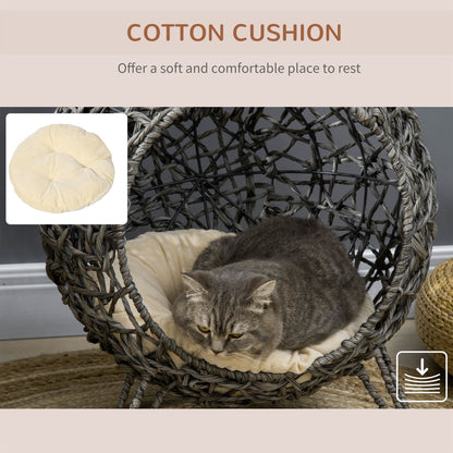 PawHut Rattan Elevated Cat Bed House Kitten Basket Ball Shaped Pet Furniture w/ Removable Cushion - Silver-Tone and Grey