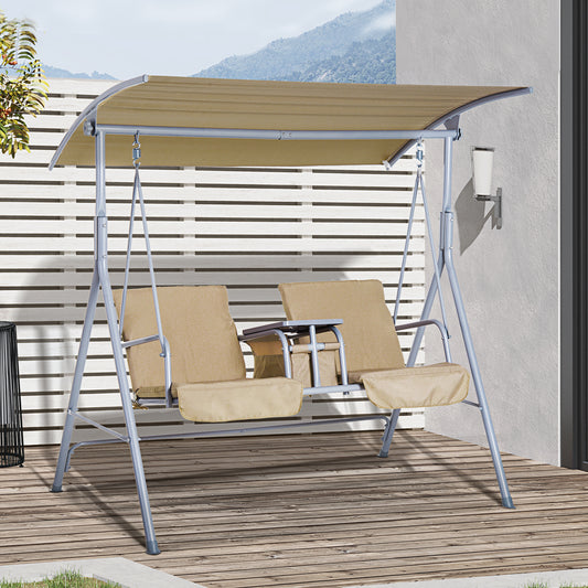 outsunny-2-seater-garden-swing-chair-patio-rocking-bench-w-tilting-canopy-double-padded-seats-storage-bag-and-tray-beige