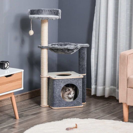 PawHut Cat Tree Cat Tower 95cm Climbing Kitten Activity Center with Sisal Scratching Post Perch Roomy Condo Hammock, Grey