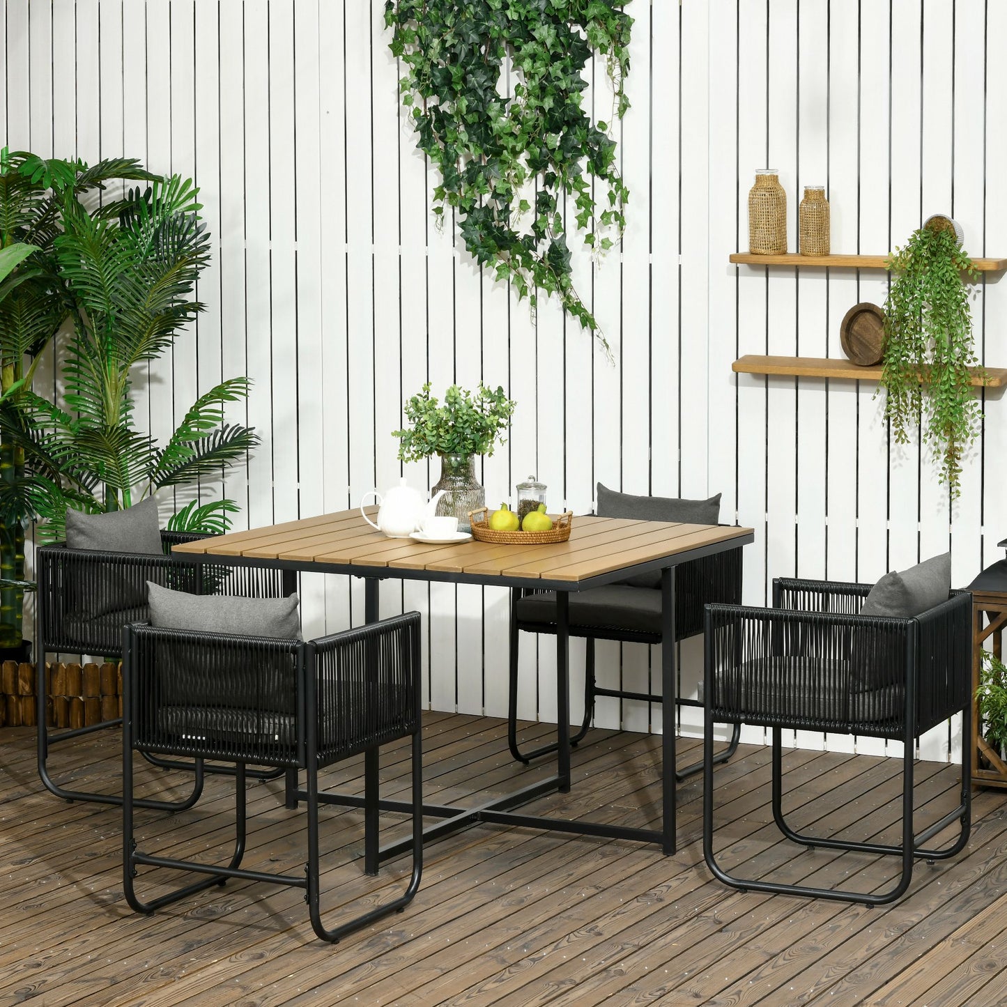 outsunny-patio-5-pcs-pe-rattan-dining-set-garden-round-wicker-4-seater-rattan-cube-dining-sets-w-wood-grain-plastic-top-space-saving-design-black