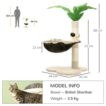 PawHut 68cm Cat Tree, Coconut Tree Shaped Kitty Activity Center with Hammock, Cat Tower with Sisal Scratching Post, Beige