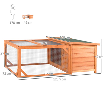 PawHut Rabbit Hutch Small Animal Guinea Pig House Off-ground Ferret Bunny Cage Backyard with Openable Main House & Run Roof 125.5 x 100 x 49cm Orange