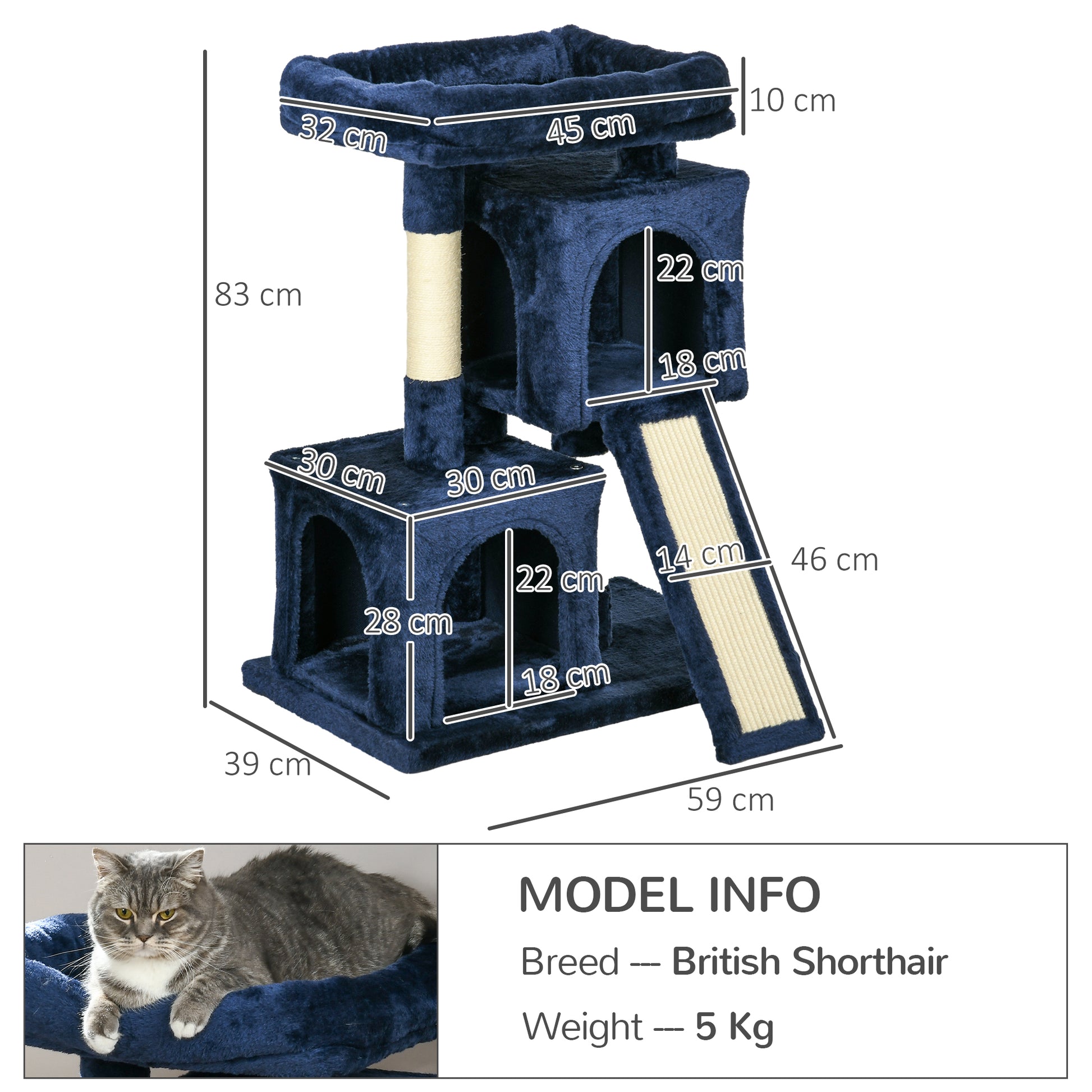 PawHut Sisal Cat Rest & Play Activity Tree w/ 2 House Navy Blue