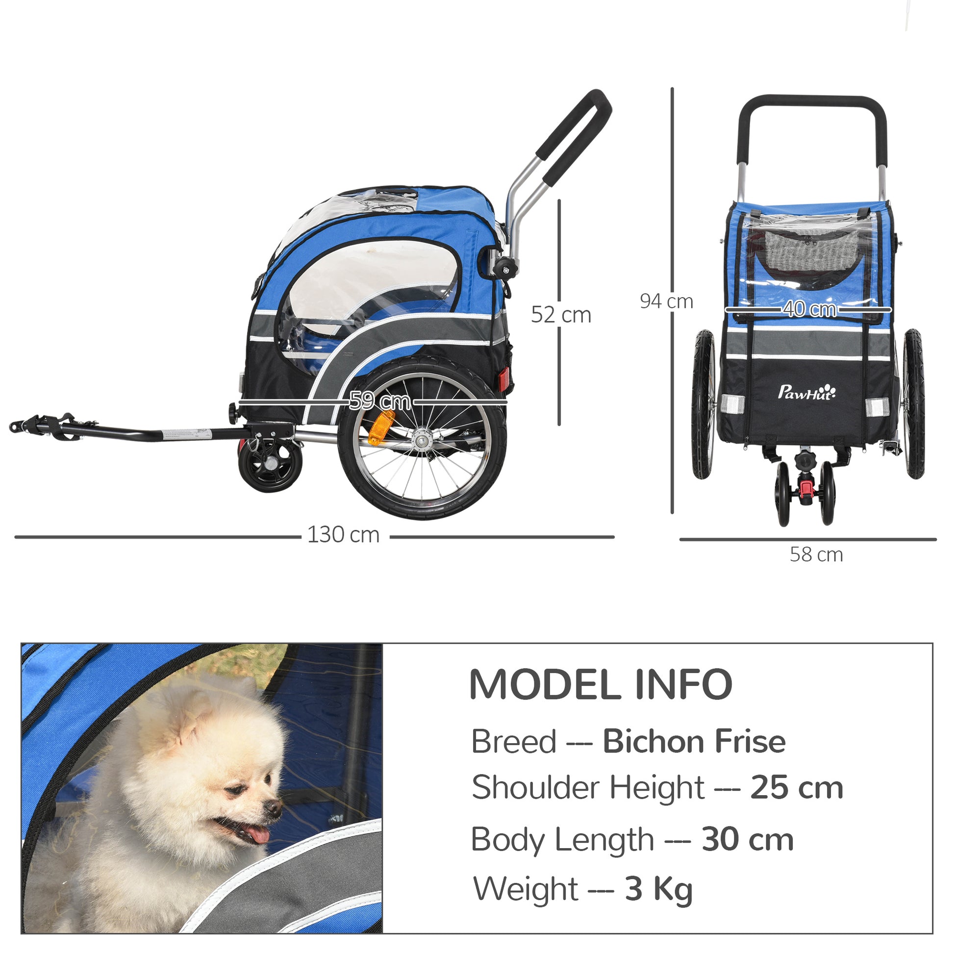 PawHut Dog Bike Trailer 2-in-1 Pet Cart Carrier Stroller Pushchair for Bicycle with 360° Rotatable Front Wheel Reflectors Weather Resistant Blue