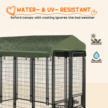 PawHut Outdoor Dog Kennel, Lockable Pet Playpen Crate, Welded Wire Steel Fence, with Water-, UV-Resistant Canopy, Rotating Bowl Holders 8x4x6ft Green