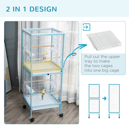 PawHut 2 In 1 Large Bird Cage Aviary for Finch Canaries, Budgies with Wheels, Slide-out Trays, Wood Perch, Food Containers, Light Blue