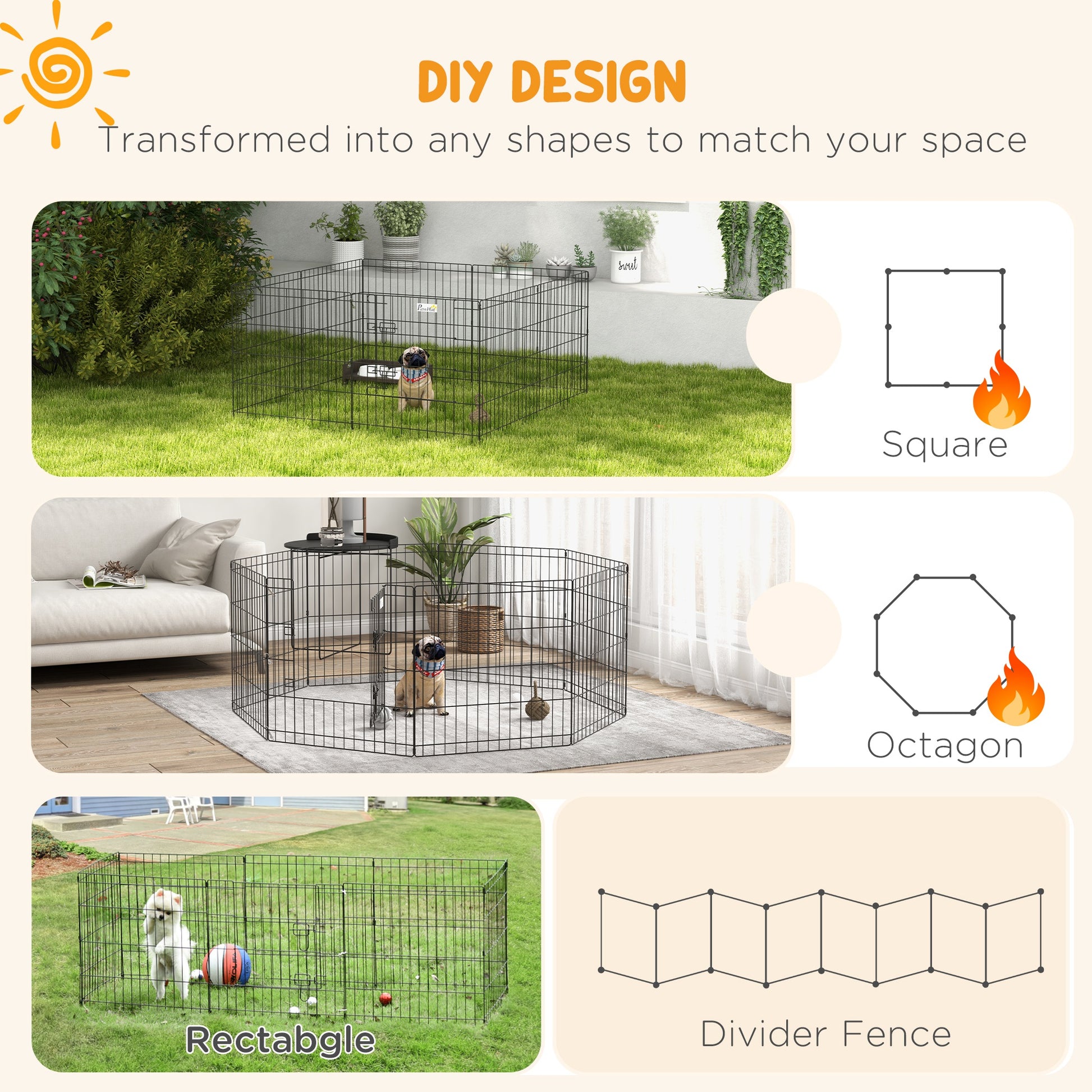 PawHut 8 Panel Dog Playpen Puppy Pen Rabbits Guinea Metal Crate Pet Cage Run Indoor Outdoor, 61x61 cm