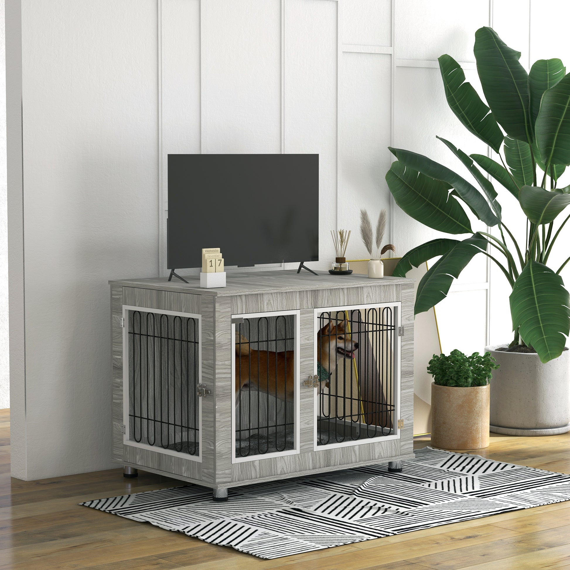 PawHut Indoor Dog Kennel w/ Soft Cushion, Double Door for Large Dogs, 106 x 74 x 81.5cm, Grey