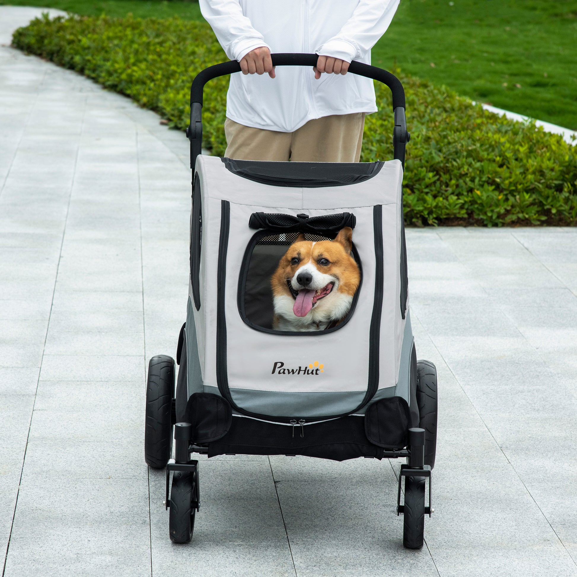 PawHut Pet Stroller for Medium Dogs Cat Pushchair Buggy Pram with 4 Wheels Safety Leash Zipper Doors Mesh Windows Storage Bag, Grey