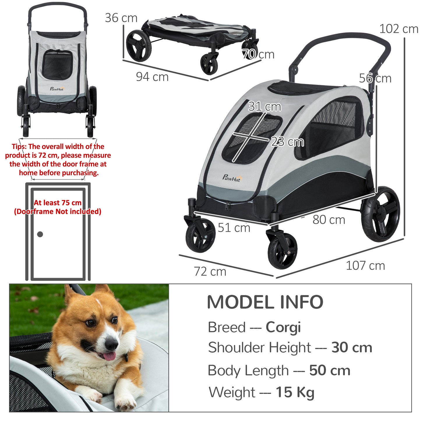 PawHut Pet Stroller for Medium Dogs Cat Pushchair Buggy Pram with 4 Wheels Safety Leash Zipper Doors Mesh Windows Storage Bag, Grey